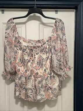 Smocked Cream Paisley Blouse with Pink & Blue Accents 3X
